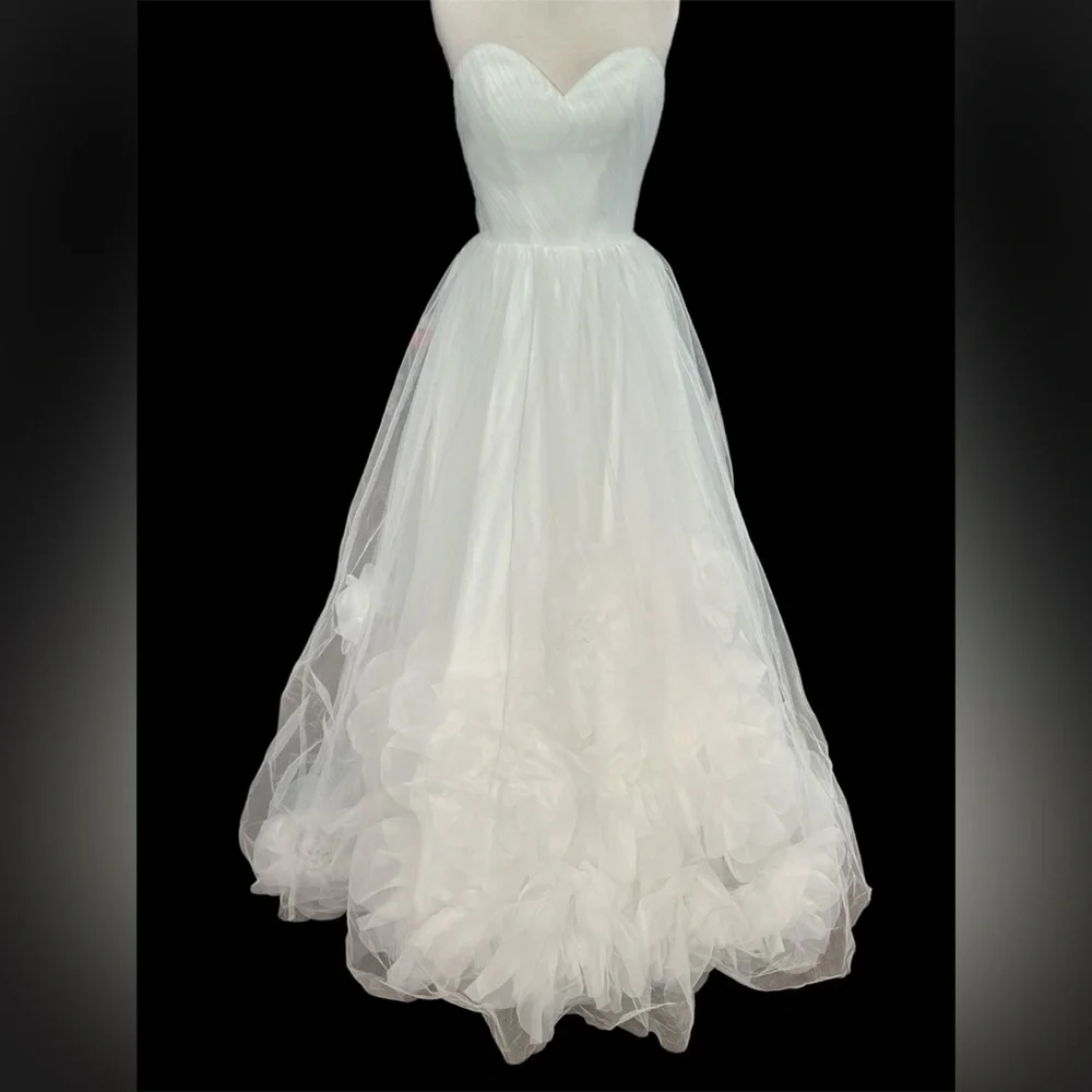 Lulus Beloved Vow Strapless Wedding Dress Small White Tulle 3D Flower Pleated - Picture 6 of 12